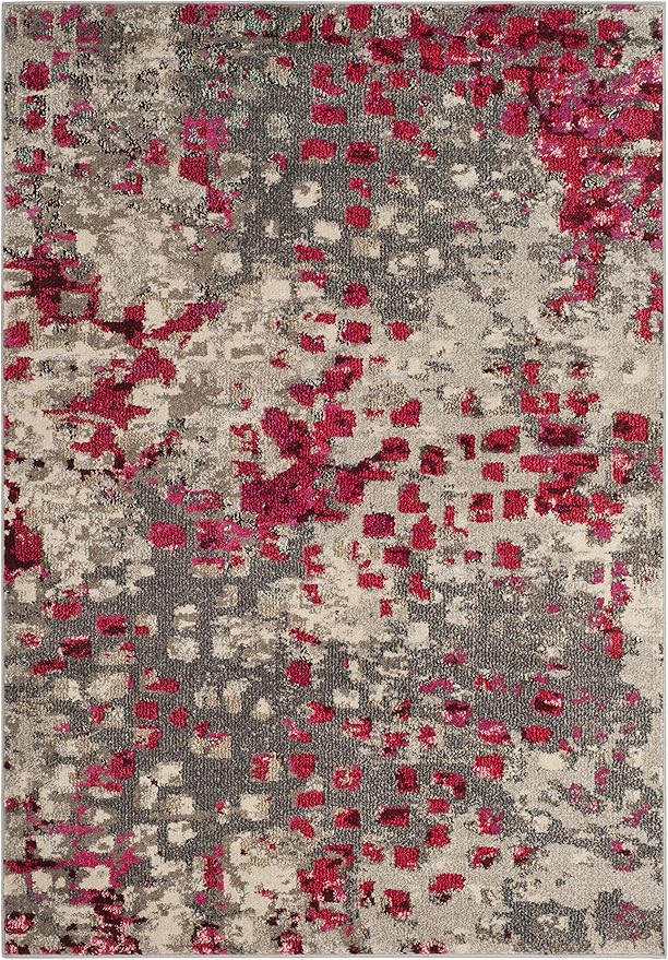 SAFAVIEH Monaco Collection Accent Rug - 4' x 5'7", Grey & Fuchsia, Abstract Watercolor Design, Non-Shedding & Easy Care, Ideal for High Traffic Areas in Entryway, Living Room, Bedroom (MNC225R)