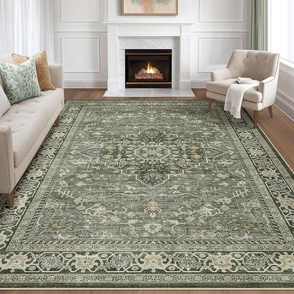 8x10 Area Rugs Living Room: Washable Boho Large Neutral Vintage Soft Rug Stain Resistant Farmhouse Non-Slip Indoor Floor Carpet for Bedroom Nursery Kids Playroom Office Dining Room Home- Dark Green
