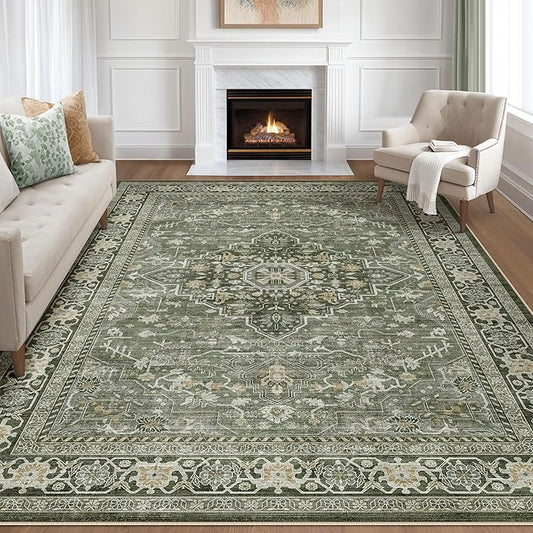 8x10 Area Rugs Living Room: Washable Boho Large Neutral Vintage Soft Rug Stain Resistant Farmhouse Non-Slip Indoor Floor Carpet for Bedroom Nursery Kids Playroom Office Dining Room Home- Dark Green