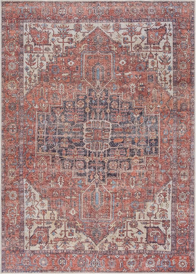 Bloom Rugs Washable 5' x 7' Rug - Red/Orange/Beige Traditional Area Rug for Living Room, Bedroom, Dining Room, and Kitchen - Exact Size: 5' x 7'