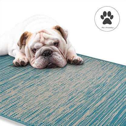Fab Habitat Outdoor Rug - Waterproof, Fade Resistant, Crease-Free - Premium Recycled Plastic - Distressed Abstract - Porch, Deck, Balcony, Mudroom, Laundry Room, Patio - Brooklyn - Teal - 3 x 5 ft