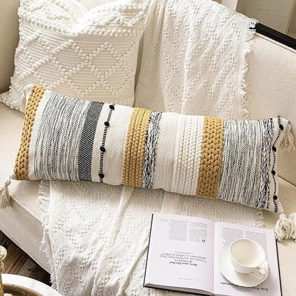 BlissBlush Fall Decorative Lumbar Throw Pillow Cover 14x36 Boho Long Cushion for Bed Yellow Mustard Accent Farmhouse Pillowcase for Bedroom Living Room Couch Sofa Home Décor Cover ONLY