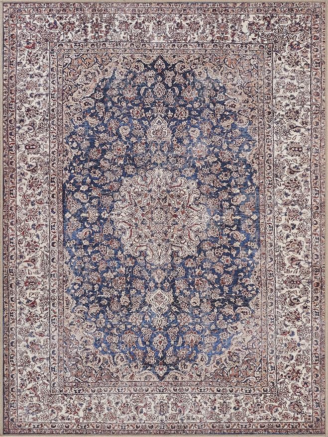 Bloom Rugs Washable Non-Slip 5' x 7' Rug - Dark Blue/Beige Traditional Medallion Area Rug for Living Room, Bedroom, Dining Room, and Kitchen - Exact Size: 5' x 7'