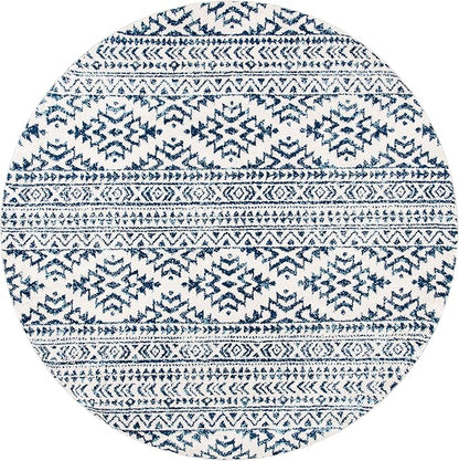 SAFAVIEH Tulum Collection Area Rug - 8' Round, Ivory & Navy, Moroccan Boho Tribal Design, Non-Shedding & Easy to Clean, Ideal for Living Room, Bedroom, Dining Space (TUL272D)