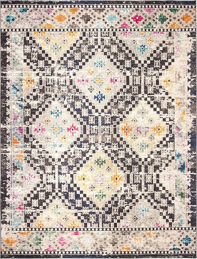 SAFAVIEH Madison Collection X-Large Area Rug - 12' x 15', Black & Yellow, Boho Diamond Distressed Design, Non-Shedding & Easy Care, Ideal for High Traffic Areas in Living Room, Bedroom (MAD418Z)