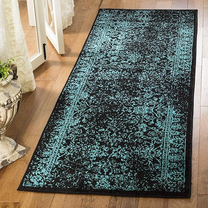 SAFAVIEH Adirondack Collection Runner Rug - 2'6" x 8', Black & Teal, Distressed Vintage Floral Design, Non-Shedding & Easy to Clean, Ideal for Hallway, Foyer, Entryway, Bedroom (ADR109K)
