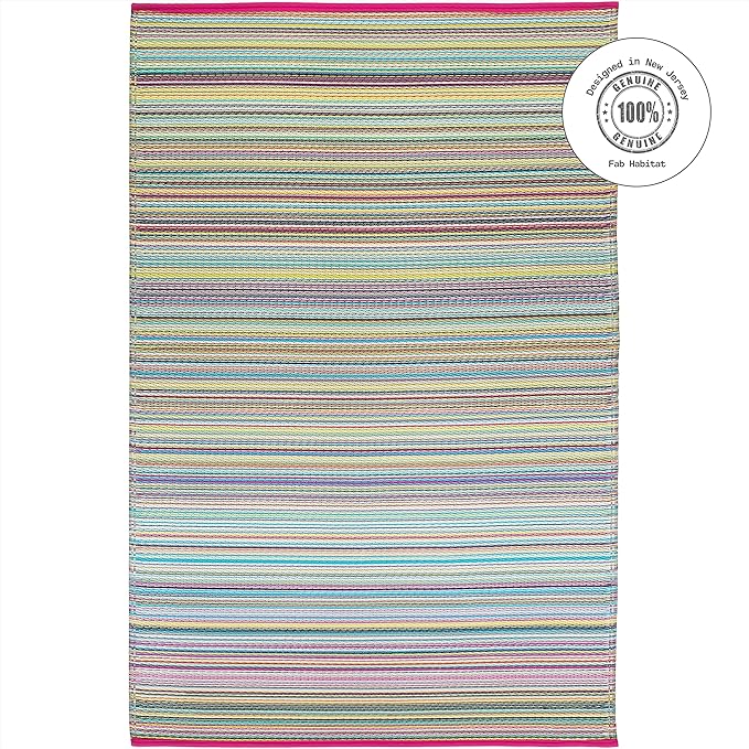 Fab Habitat Outdoor Rug - Waterproof, Fade Resistant, Crease-Free - Premium Recycled Plastic - Striped - Porch, Deck, Balcony, Mudroom, Laundry Room, Patio - Cancun - Candy - 8 x 8 ft Square