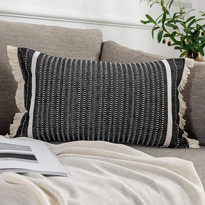 OJIA Modern Throw Pillow Cover with Tassels, Decorative Liana Fringe Accent Cushion Case, Farmhouse Woven Pillowcase for Sofa Chair Couch Bed Decor (Lumbar 12 x 20 Inches, Black)