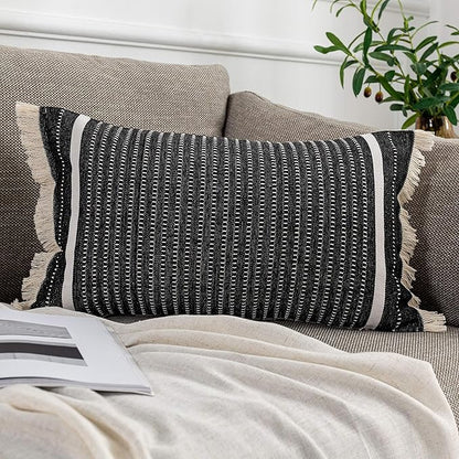 OJIA Modern Throw Pillow Cover with Tassels, Decorative Liana Fringe Accent Cushion Case, Farmhouse Woven Pillowcase for Sofa Chair Couch Bed Decor (Lumbar 12 x 20 Inches, Black)