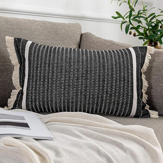 OJIA Modern Throw Pillow Cover with Tassels, Decorative Liana Fringe Accent Cushion Case, Farmhouse Woven Pillowcase for Sofa Chair Couch Bed Decor (Lumbar 12 x 20 Inches, Black)