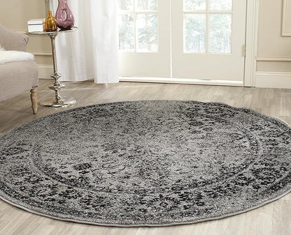 SAFAVIEH Adirondack Collection Area Rug - 4' Round, Grey & Black, Distressed Vintage Floral Design, Non-Shedding & Easy to Clean, Ideal for Living Room, Bedroom, Dining Space (ADR109B)