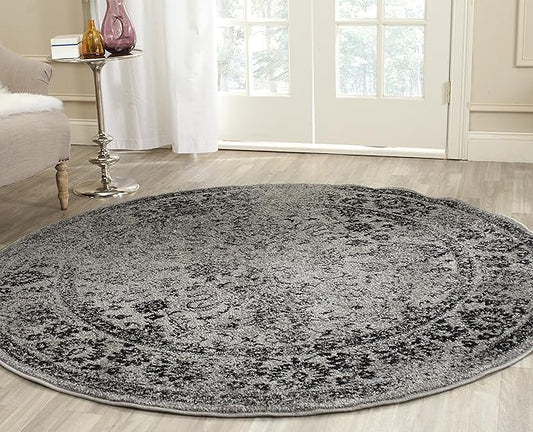 SAFAVIEH Adirondack Collection Area Rug - 4' Round, Grey & Black, Distressed Vintage Floral Design, Non-Shedding & Easy to Clean, Ideal for Living Room, Bedroom, Dining Space (ADR109B)