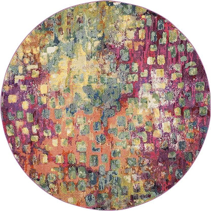 SAFAVIEH Monaco Collection Area Rug - 6'7" Round, Pink & Multi, Boho Chic Abstract Watercolor Design, Non-Shedding & Easy Care, Ideal for High Traffic Areas in Living Room, Bedroom (MNC225D)