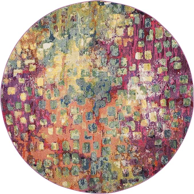 SAFAVIEH Monaco Collection Area Rug - 5' Round, Pink & Multi, Boho Chic Abstract Watercolor Design, Non-Shedding & Easy Care, Ideal for High Traffic Areas in Living Room, Bedroom (MNC225D)