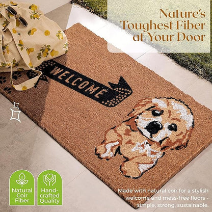 Coir Door Mats 17" X 30", Non-Slip Sturdy, PVC Backed Heavy Duty, Easy to Clean, Ideal for Door Entrance, Patio, Porch, Backyard, Garages, Cute Little Puppy Welcome
