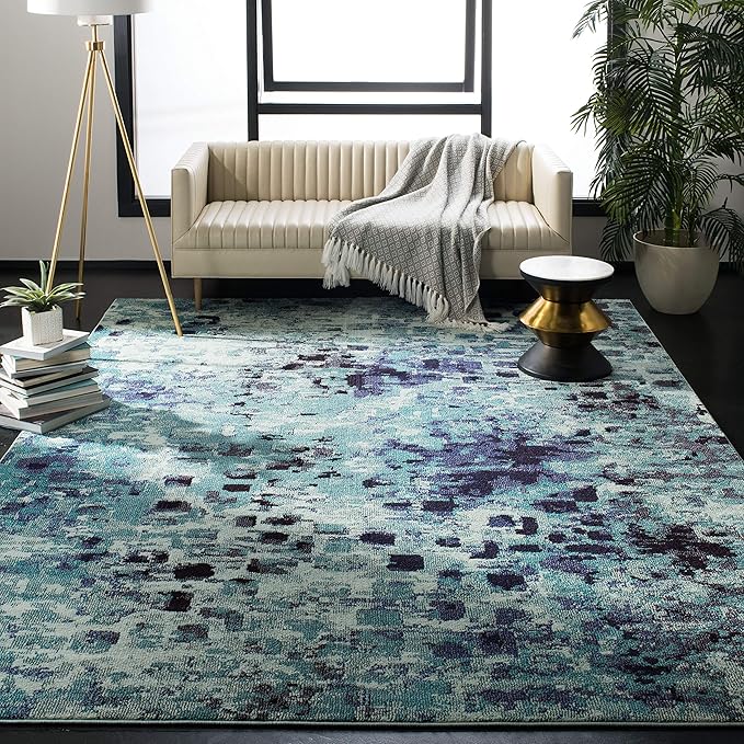 SAFAVIEH Monaco Collection Area Rug - 8' x 11', Light Blue & Multi, Boho Chic Abstract Watercolor Design, Non-Shedding & Easy Care, Ideal for High Traffic Areas in Living Room, Bedroom (MNC225J)