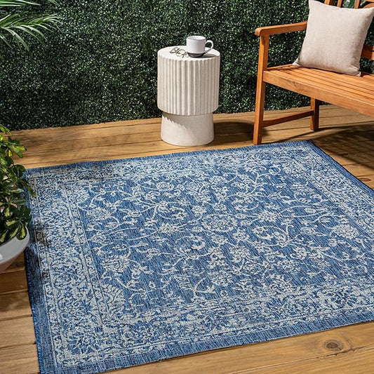 JONATHAN Y Weave Floral Indoor Outdoor Square Area Rug 6X6 Navy/Gray, Tela Bohemian Textured for Backyard, Patio, Porch, Easy-Cleaning, High Traffic, Pet-Friendly, Non-Shedding (SMB100B-6SQ)