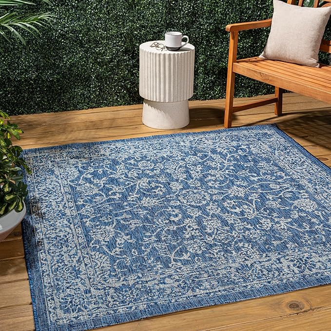 JONATHAN Y Weave Floral Indoor Outdoor Square Area Rug 4X4 Navy/Gray, Tela Bohemian Textured for Backyard, Patio, Porch, Easy-Cleaning, High Traffic, Pet-Friendly, Non-Shedding (SMB100B-4SQ)