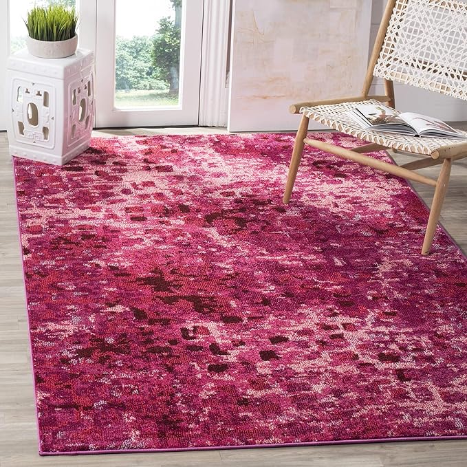 SAFAVIEH Monaco Collection Area Rug - 6'7" Square, Fuchsia, Boho Chic Abstract Watercolor Design, Non-Shedding & Easy Care, Ideal for High Traffic Areas in Living Room, Bedroom (MNC225F)