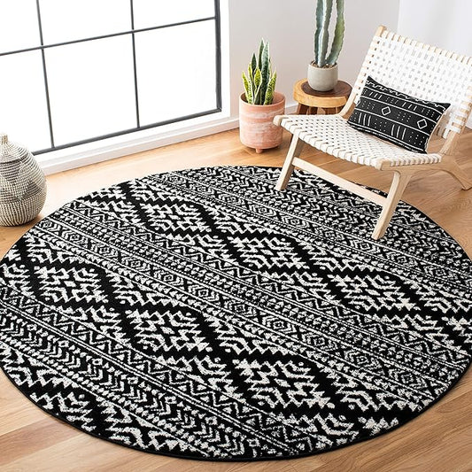 SAFAVIEH Tulum Collection Area Rug - 6'7" Round, Black & Ivory, Moroccan Boho Tribal Design, Non-Shedding & Easy to Clean, Ideal for Living Room, Bedroom, Dining Space (TUL272Z)