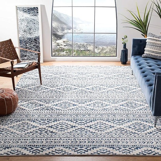 SAFAVIEH Area Rug 9x12 - Tulum Collection - Large - Ivory & Navy, Moroccan Boho Tribal Design, Non-Shedding & Easy to Clean, Ideal for Living Room, Bedroom, Dining Space (TUL272D)