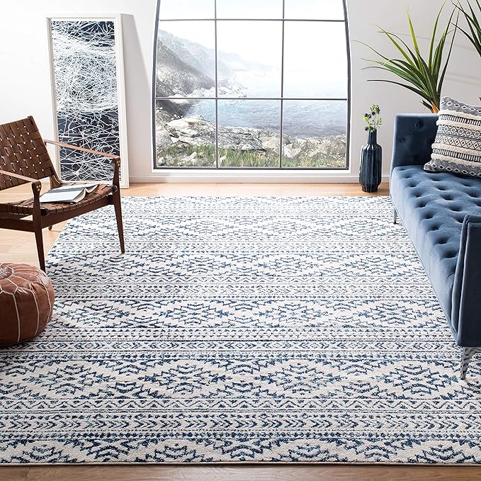 SAFAVIEH Tulum Collection Area Rug - 8' Square, Ivory & Navy, Moroccan Boho Tribal Design, Non-Shedding & Easy to Clean, Ideal for Living Room, Bedroom, Dining Space (TUL272D)