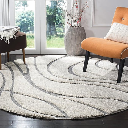 SAFAVIEH Florida Shag Collection 8' Round Cream/Grey SG471 Abstract Wave Non-Shedding Living Room Bedroom 1.2-inch Thick Area Rug