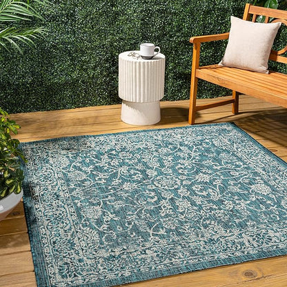 JONATHAN Y Weave Floral Indoor Outdoor Square Area Rug 4X4 Teal/Gray, Tela Bohemian Textured for Backyard, Patio, Porch, Easy-Cleaning, High Traffic, Pet-Friendly, Non-Shedding (SMB100C-4SQ)