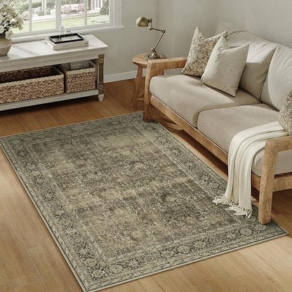 Vintage Area Rug 3x5 Light Brown Bedroom Indoor Kitchen Washable Living Room Carpet Tribal Distressed Retro Accent Throw Rug for Office Dining Room Bathroom Faux Wool