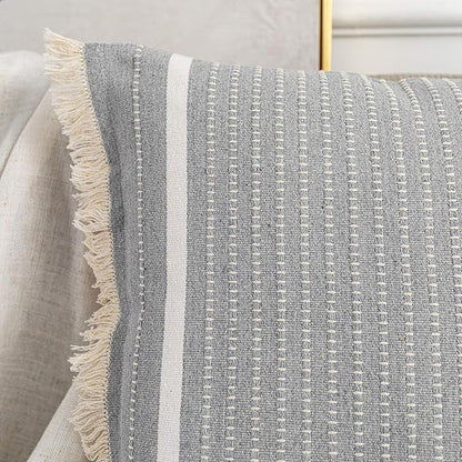 OJIA Modern Throw Pillow Cover with Tassels, Decorative Liana Fringe Accent Cushion Case, Farmhouse Woven Pillowcase for Sofa Chair Couch Bed Decor (Lumbar 18 x 18 Inches, Grey)