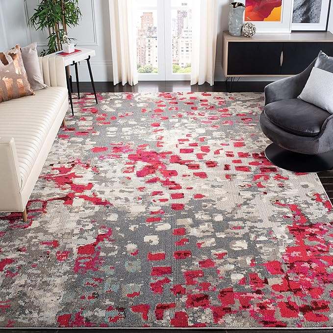 SAFAVIEH Monaco Collection 9' x 12' GreyFuchsia MNC225R Boho Chic Abstract Watercolor Non-Shedding Living Room Bedroom Dining Home Office Area Rug