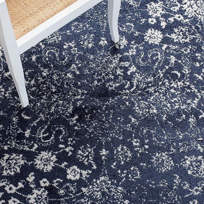 SAFAVIEH Adirondack Collection Area Rug - 4' Square, Navy & Ivory, Distressed Vintage Floral Design, Non-Shedding & Easy to Clean, Ideal for Living Room, Bedroom, Dining Space (ADR109N)