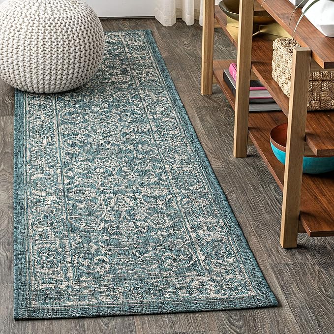 JONATHAN Y Weave Floral Indoor Outdoor Runner Rug 2X10 Teal/Gray, Tela Bohemian Textured for Backyard, Patio, Porch, Easy-Cleaning, High Traffic, Pet-Friendly, Non-Shedding (SMB100C-210)