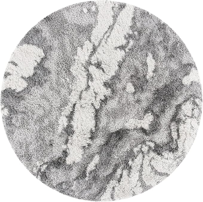 SAFAVIEH Horizon Shag Collection Area Rug - 5' Round, Grey & Ivory, Modern Abstract Design, Non-Shedding & Easy Care, 2-inch Thick Ideal for High Traffic Areas in Living Room, Bedroom (HZN890F)