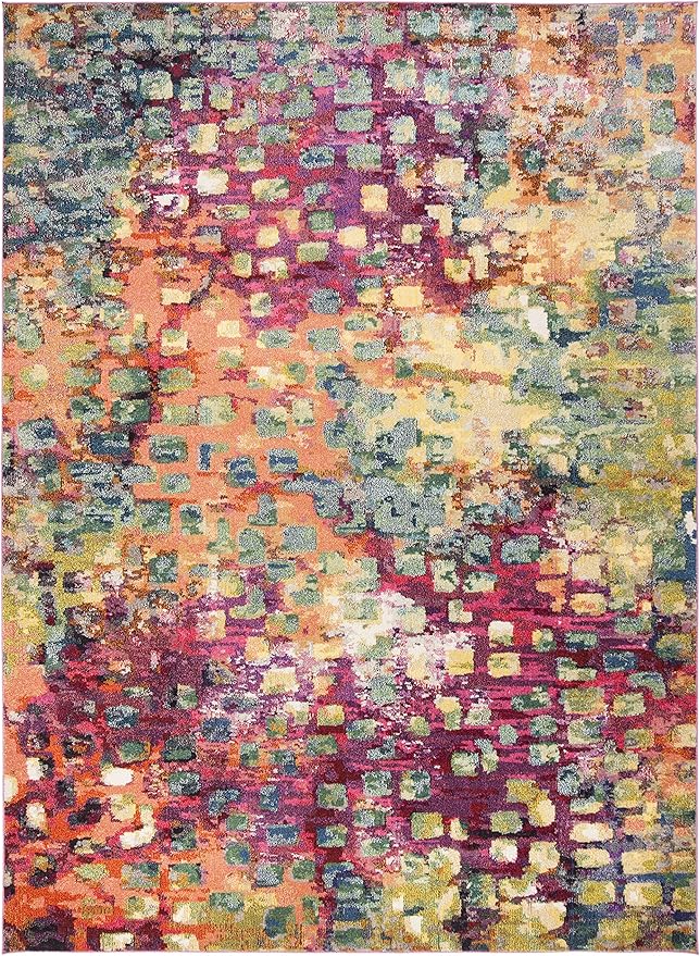 SAFAVIEH Monaco Collection Area Rug - 6'7" x 9'2", Pink & Multi, Boho Chic Abstract Watercolor Design, Non-Shedding & Easy Care, Ideal for High Traffic Areas in Living Room, Bedroom (MNC225D)