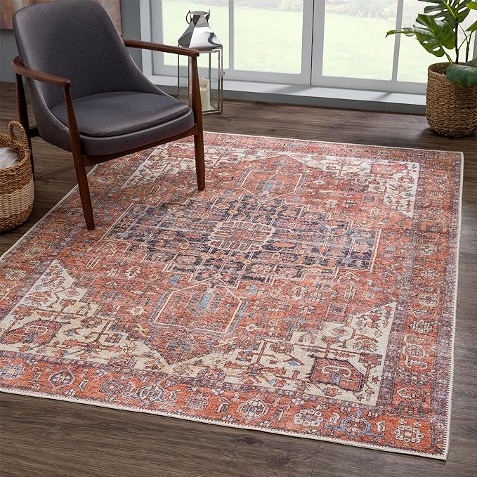 Bloom Rugs Washable 6' x 9' Rug - Red/Orange/Beige Traditional Area Rug for Living Room, Bedroom, Dining Room, and Kitchen - Exact Size: 6' x 9'