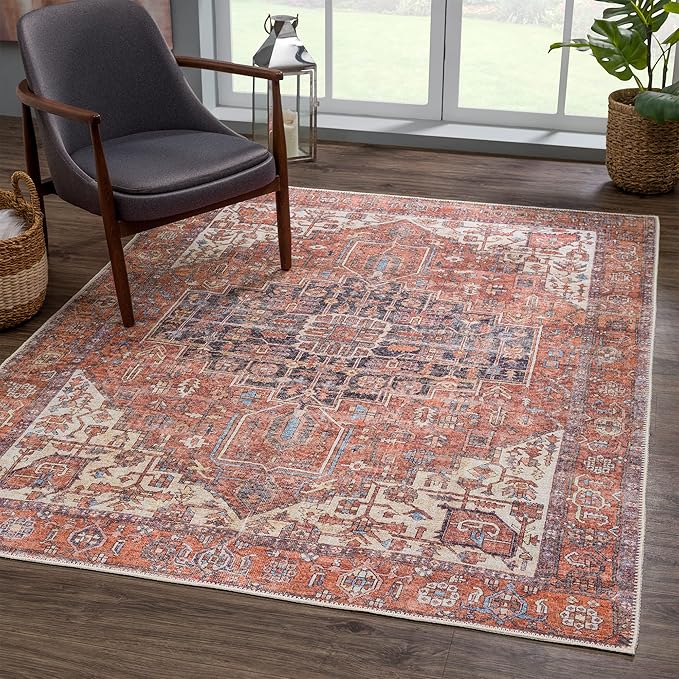 Bloom Rugs Washable 5' x 7' Rug - Red/Orange/Beige Traditional Area Rug for Living Room, Bedroom, Dining Room, and Kitchen - Exact Size: 5' x 7'