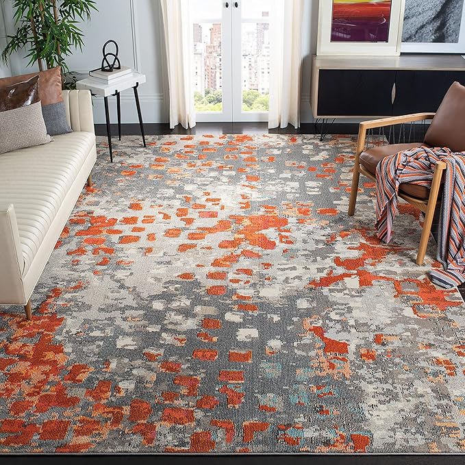 SAFAVIEH Monaco Collection Area Rug - 5' Square, Grey & Orange, Boho Chic Abstract Watercolor Design, Non-Shedding & Easy Care, Ideal for High Traffic Areas in Living Room, Bedroom (MNC225H)
