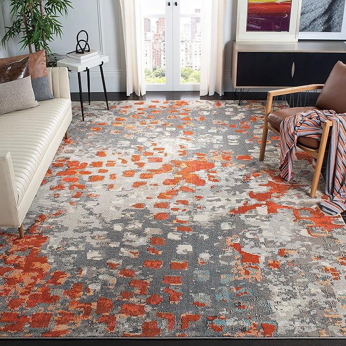SAFAVIEH Monaco Collection Area Rug - 10' x 14', Grey & Orange, Boho Chic Abstract Watercolor Design, Non-Shedding & Easy Care, Ideal for High Traffic Areas in Living Room, Bedroom (MNC225H)
