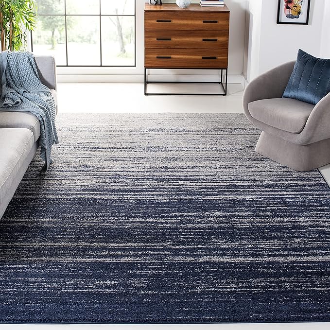 SAFAVIEH Adirondack Collection Area Rug - 8' Square, Navy & Grey, Modern Ombre Design, Non Shedding & Easy to Clean, Ideal for Living Room, Bedroom, Office, Dining Space (ADR113E)