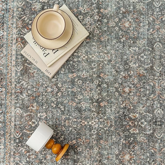 Area Rug 8x10 Gray Living Room Washable Vintage Carpet Non Slip Indoor Retro Traditional Grey Accent Throw Large Rug for Office Bedroom Dining Room Playroom