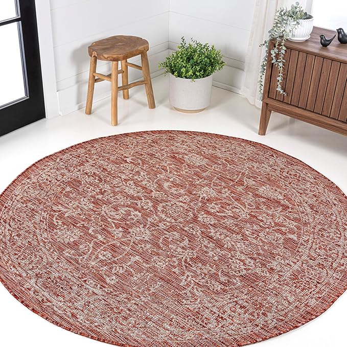 JONATHAN Y Weave Floral Indoor Outdoor Round Area Rug 4 Ft Red/Taupe, Tela Bohemian Textured for Backyard, Patio, Porch, Easy-Cleaning, High Traffic, Pet-Friendly, Non-Shedding (SMB100A-4R)