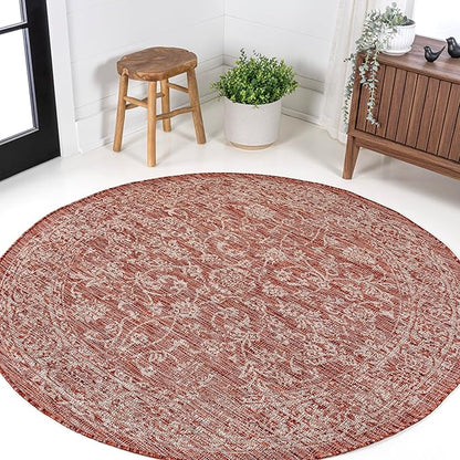 JONATHAN Y Weave Floral Indoor Outdoor Round Area Rug 4 Ft Red/Taupe, Tela Bohemian Textured for Backyard, Patio, Porch, Easy-Cleaning, High Traffic, Pet-Friendly, Non-Shedding (SMB100A-4R)