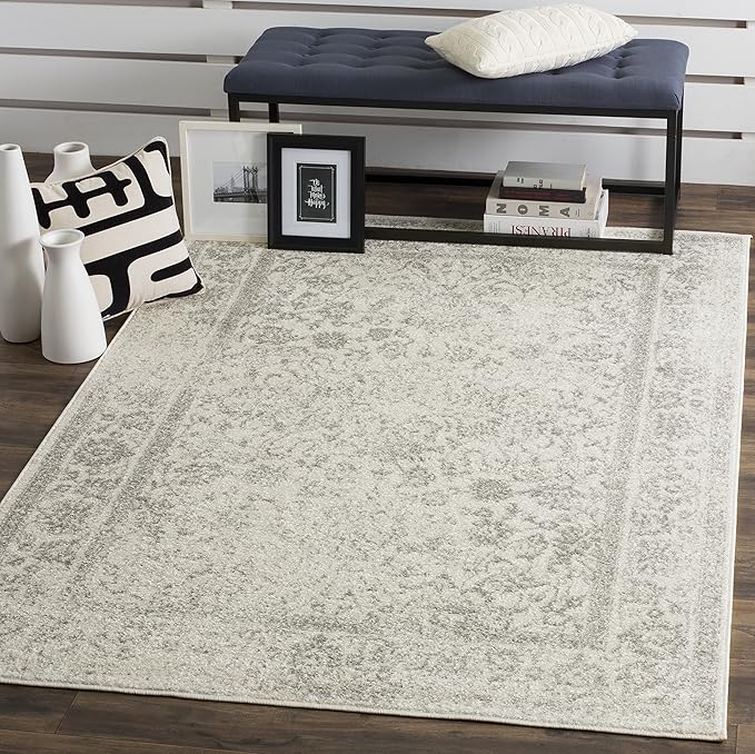 SAFAVIEH Adirondack Collection Area Rug - 6'7" Square, Ivory & Silver, Distressed Vintage Floral Design, Non-Shedding & Easy to Clean, Ideal for Living Room, Bedroom, Dining Space (ADR109C)