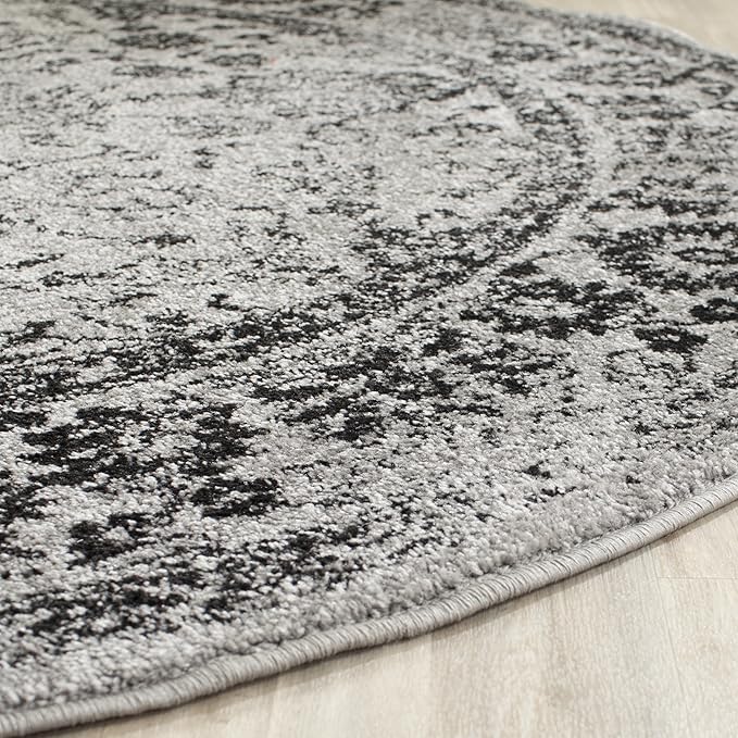 SAFAVIEH Adirondack Collection Area Rug - 4' Round, Grey & Black, Distressed Vintage Floral Design, Non-Shedding & Easy to Clean, Ideal for Living Room, Bedroom, Dining Space (ADR109B)