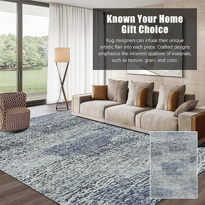 Washable Area Rug - 1/6" Thick Low-Pile - Stain & Water Resistant Non-Slip Backing - Pet & Child Friendly Vintage Speckled Design in Grey with Light Teal & White Accents (8' x 10')