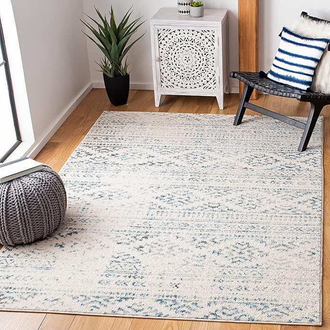 SAFAVIEH Area Rug 12x15 - Tulum Collection - Large - Ivory & Turquoise, Moroccan Boho Tribal Design, Non-Shedding & Easy to Clean, Ideal for Living Room, Bedroom, Dining Space (TUL272E)