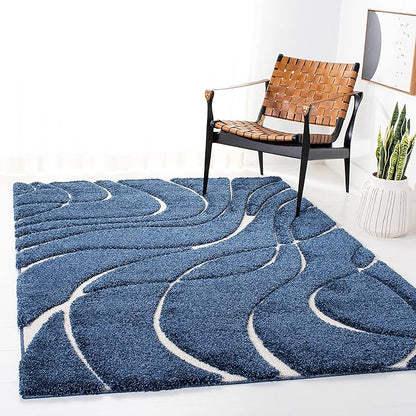 SAFAVIEH Florida Shag Collection Area Rug - 6'7" Square, Navy & Ivory, Non-Shedding & Easy Care, 1.2-inch Thick Ideal for High Traffic Areas in Living Room, Bedroom (SG471-6512)