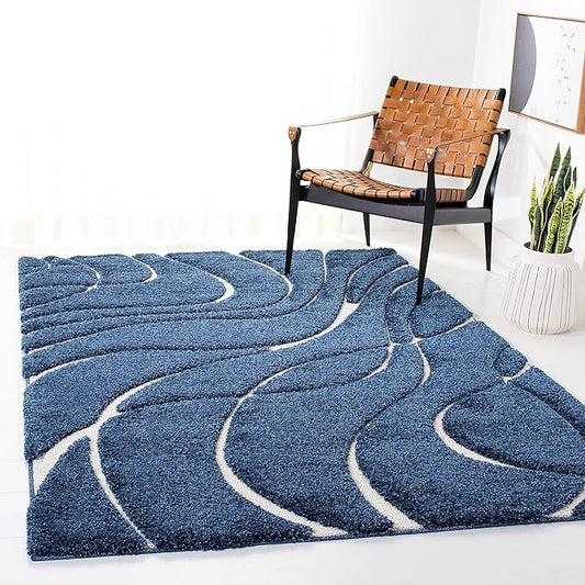 SAFAVIEH Florida Shag Collection Area Rug - 6'7" Square, Navy & Ivory, Non-Shedding & Easy Care, 1.2-inch Thick Ideal for High Traffic Areas in Living Room, Bedroom (SG471-6512)