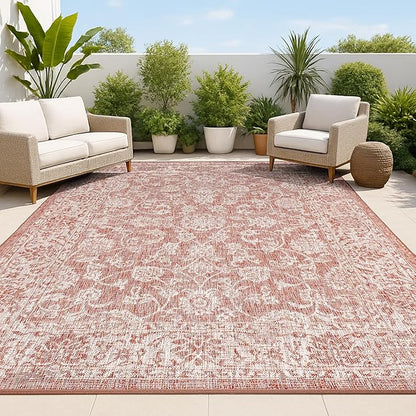 JONATHAN Y Weave Floral Indoor Outdoor Area Rug 9X12 Red/Taupe, Tela Bohemian Textured for Backyard, Patio, Porch, Easy-Cleaning, High Traffic, Pet-Friendly, Non-Shedding (SMB100A-9)